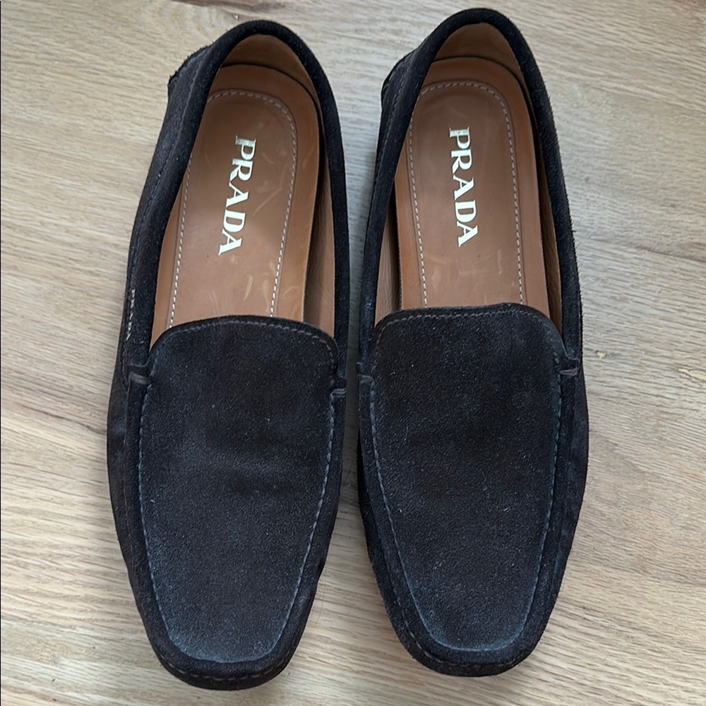 PRADA men's dark brown suede leather slip-on driving moccasins size 10, unworn